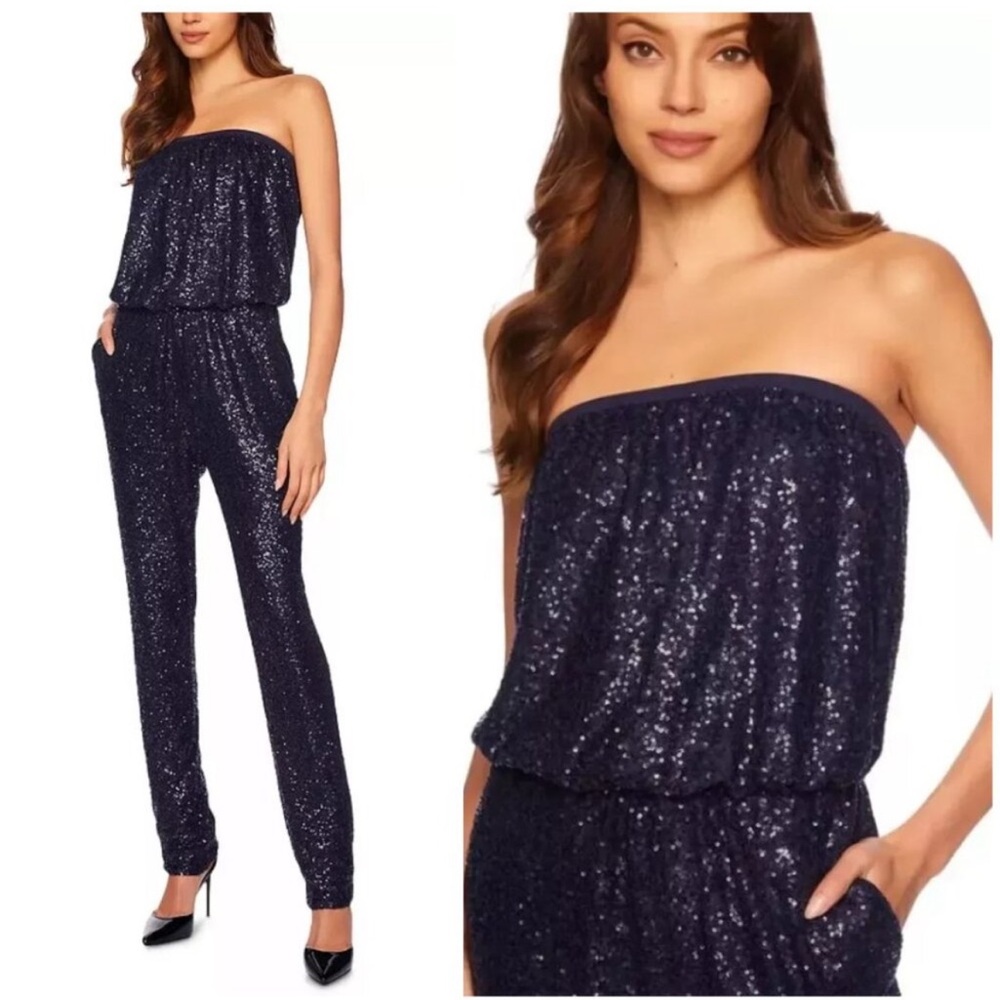 New NWT Susana Monaco Sequin Strapless Navy Tube Jumpsuit Size Medium MSRP $258